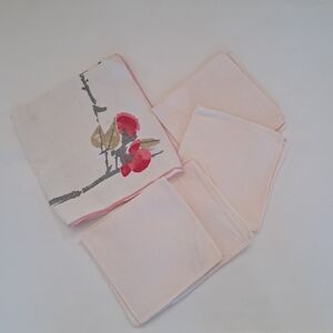 Vera 1970s Linen Floral Print Cloth Napkin and 4 Pale Pink Damask Tea Napkins